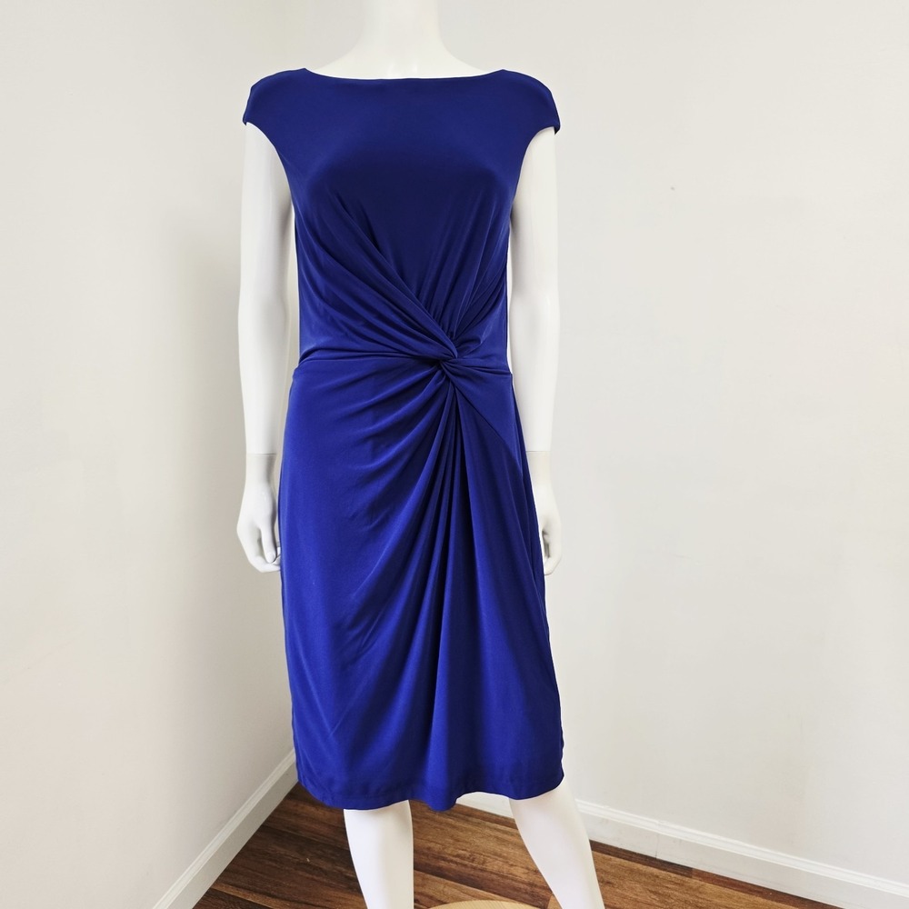 LRL Ralph Lauren Dress Size 12 Blue Twist Ruched Front Stretch Sleeveless Office